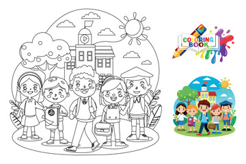 Obraz premium coloring book with kids group photo in the front of the school vector art