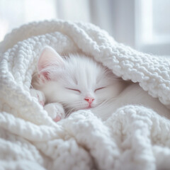 White kitten sleeping peacefully under a soft, fluffy blanket in a cozy setting
