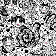 Fototapeta premium Black and White Cats Seamless Pattern with Hearts and Swirls