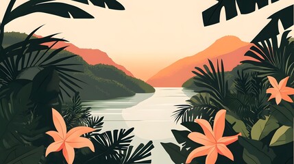 Tropical Sunset Landscape Vector Art, Lake and Mountains, Jungle Leaves and Flowers, Bold Shapes, Flat Design Aesthetic