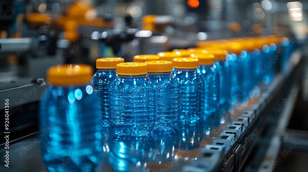 Poster bottles filled with bright blue water glide smoothly along a conveyor belt in a busy production faci