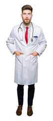Fototapeta premium Young handsome doctor man wearing medical coat afraid and shocked with surprise expression, fear and excited face.