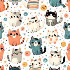 Seamless Pattern with Cute Cats and Stars on White Background