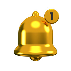 Golden notification bell with one notification. Concept of new notification for social media reminder. 3d rendering