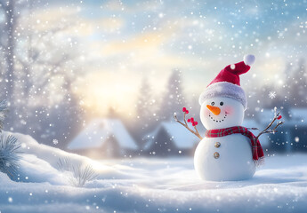 Merry christmas and happy new year greeting card with copy-space.Happy snowman standing in christmas landscape.Snow background.Winter fairytale.
