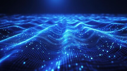 Digital Wave: Abstract blue light particles ripple across a dark background, creating an ethereal and mesmerizing visualization of data flow and technological evolution.  
