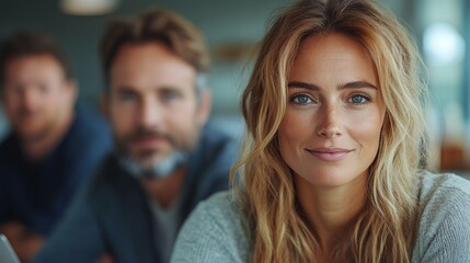 A confident woman engages in conversation, exuding warmth and professionalism, while colleagues discuss ideas in a bright, modern workspace