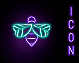 Glowing neon line Bee icon isolated on black background. Sweet natural food. Honeybee or apis with wings symbol. Flying insect. Colorful outline concept. Vector