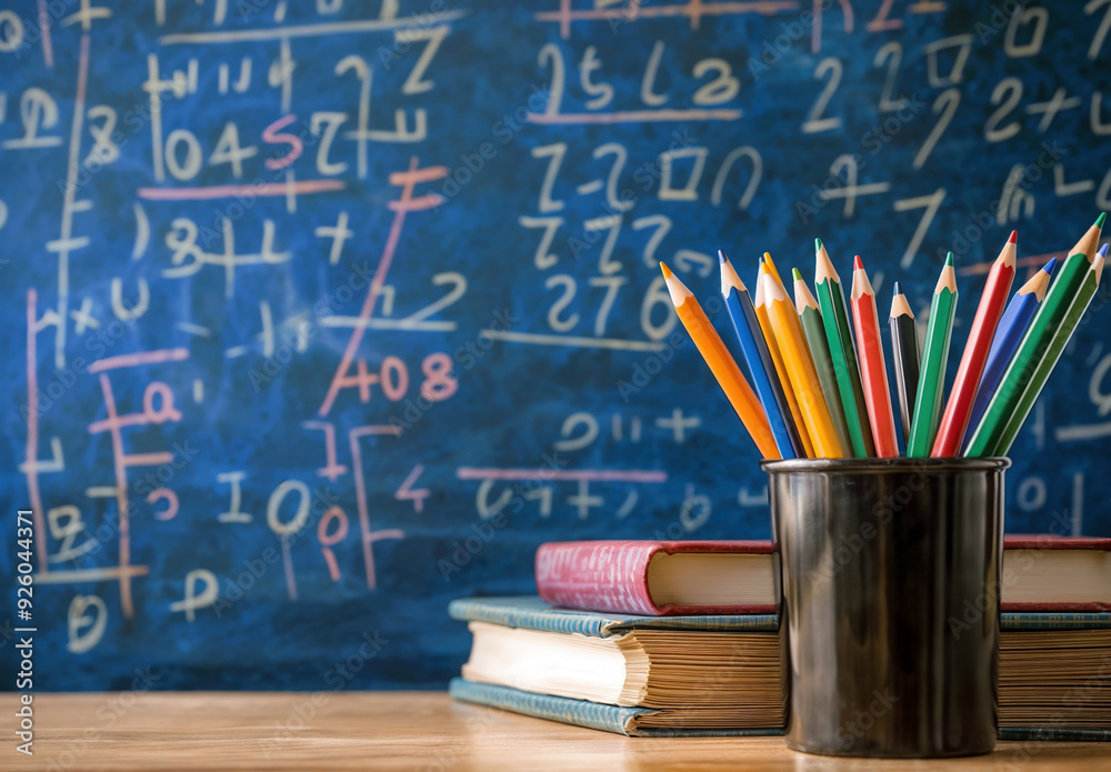 Aufkleber education concept with colorful pencils in a cup and books on a table, with a blackboard in the back