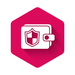 White Wallet and money with shield icon isolated with long shadow. Insurance concept. Security, safety, protection, protect concept. Pink hexagon button. Vector.