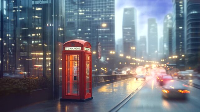 Iconic red phone booth on a rainy evening in a modern city. Seamless looping 4k time-lapse animation video background.