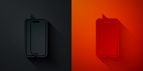 Paper cut Glass screen protector for smartphone icon isolated on black and red background. Protective film for glass. Transparent soft glass for mobile phone. Paper art style. Vector