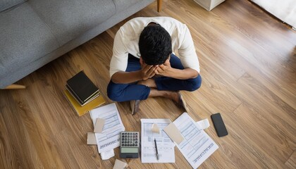 Top view man sitting on the floor stressed and confused by calculate expense from invoice or bill, have no money to pay thinking of taking the house to mortgage causing debt, bankruptcy concept.