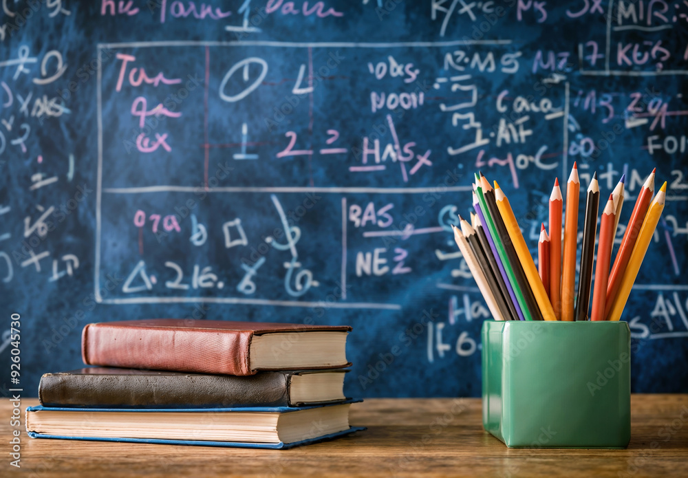 Aufkleber colorful pencils in a cup and a stack of books on a teacher's desk with background of a blackboard