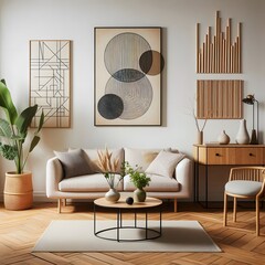 Minimalist Living Room Interior Design with Geometric Art and Wooden Accents