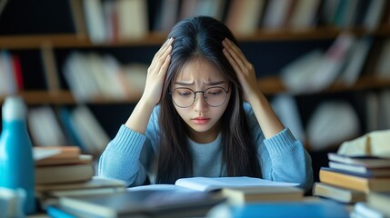 Asian girl, studying in the library for finals, is stressed. National Stress Awareness Day