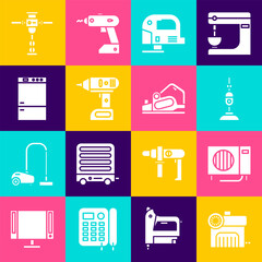 Set Air compressor, conditioner, Vacuum cleaner, Electric jigsaw, cordless screwdriver and Refrigerator icon. Vector