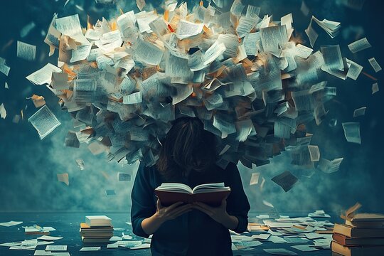 boy looking at book, a stack of sheets of paper on top of his head. National stress awareness day. - Powered by Adobe