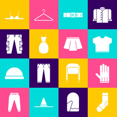 Set Socks, Leather glove, T-shirt, belt, Woman dress, Cargo pants, Bra and Skirt icon. Vector