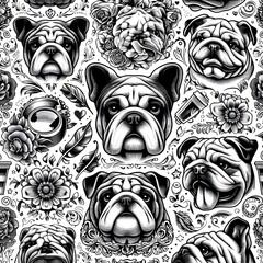 Seamless Pattern of Bulldog Heads with Floral Elements