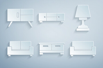 Set Chest of drawers, Table lamp, Sofa, and icon. Vector