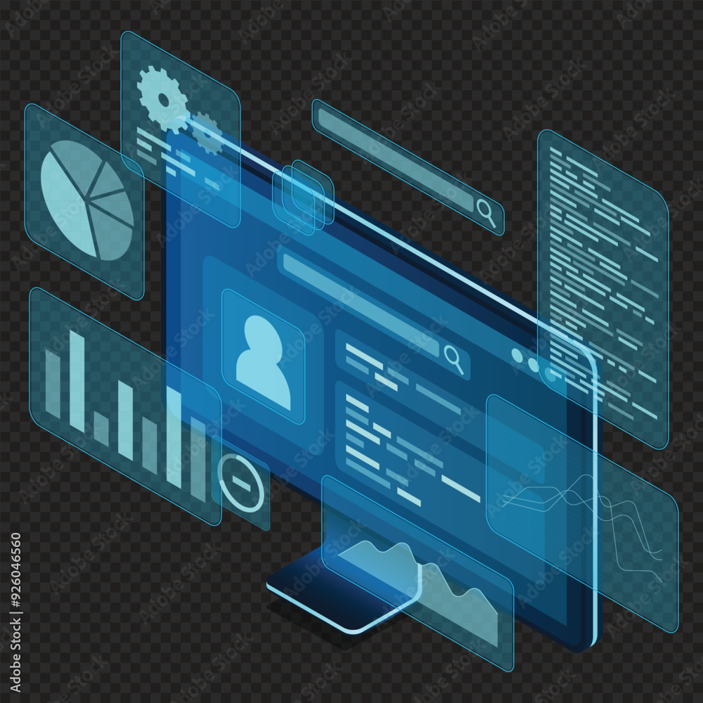 Poster computer monitor with blue virtual holographic projections with graphs and charts for data analysis.