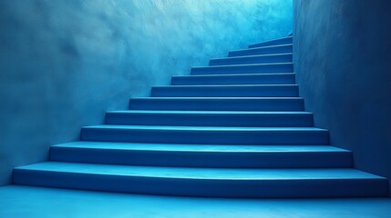 A blue staircase with a blue wall in the background