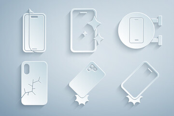 Set Shockproof phone, Phone repair service, Mobile with broken screen, Glass protector and icon. Vector