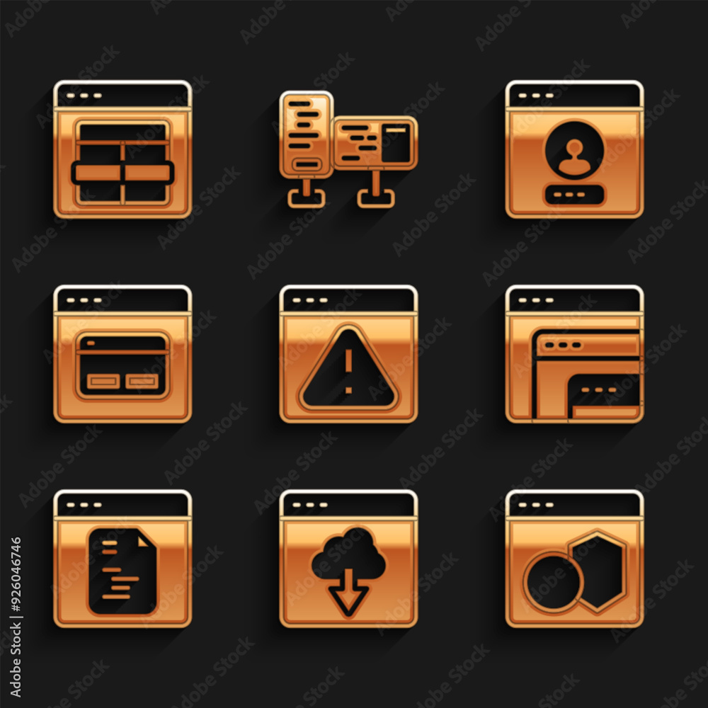Poster set browser with exclamation mark, cloud technology data transfer, software, search engine, create a