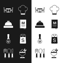 Set Restaurant cafe menu, Hotel service bell, Wooden table with chair, Chef hat, Pizza knife, Salt, Ice cream in bowl and Fork, spoon and icon. Vector