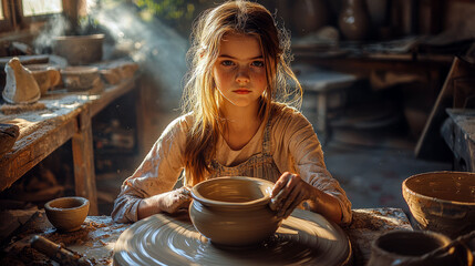 Creativity in a pottery workshop. The magic of ceramics in the hands of a child. 