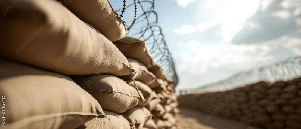 Wall mural vigilant military outpost at blockade with sandbags, barbed wire, and armed soldiers for fortified s