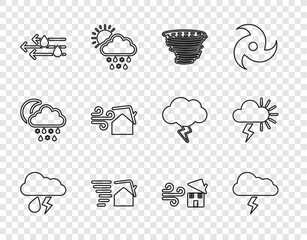 Set line Cloud with rain and lightning, Storm, Tornado, swirl, Wind, and icon. Vector