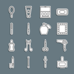 Set line Nail polish bottle, Hair dryer, Makeup mirror with lights, Eye shadow palette, file, Hand and Perfume icon. Vector