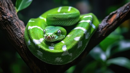 Fototapeta premium Green snake coiled on branch. Great for wildlife, nature, and reptile themes.