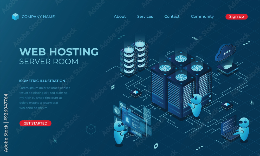 Poster isometric web hosting landing page concept. concept of server hosting. online computing technology. 