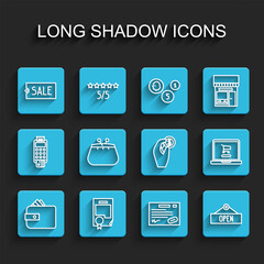 Set line Wallet with paper money cash, Certificate template, Price tag text Sale, Warranty certificate, Hanging sign Open, Shopping cart laptop and Hand holding coin icon. Vector