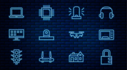 Set line Safe combination lock, Microwave oven, Flasher siren, Security camera, Smart Tv, Laptop, Drone flying and Processor with microcircuits CPU icon. Vector