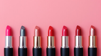 Obraz premium Lineup of various colored lipsticks on a pink background.
