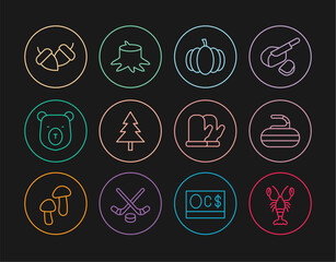 Set line Lobster, Stone for curling, Pumpkin, Christmas tree, Bear head, Acorn, mitten and Tree stump icon. Vector