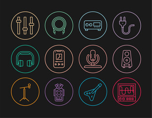 Set line Oscilloscope, Stereo speaker, Guitar amplifier, Music player, Headphones, equalizer, Microphone and Audio jack icon. Vector