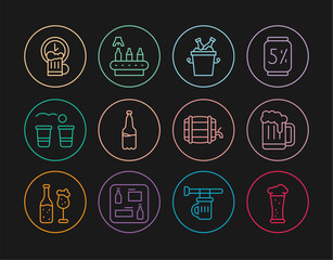 Set line Glass of beer, Wooden mug, Beer bottles in ice bucket, Plastic, pong game, Happy hour, barrel rack and Conveyor band, icon. Vector