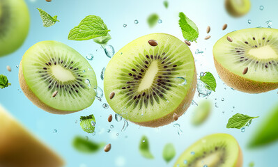 Bright green kiwis, sliced open with seeds and juice droplets flying out, amidst fresh mint leaves, all against a light blue background. 