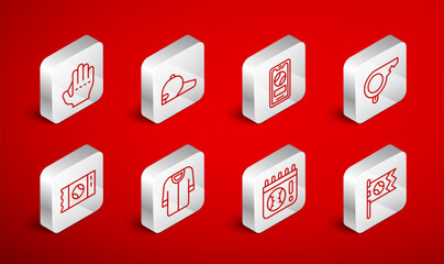 Set line Flag with baseball ball, Baseball cap, Mobile, Whistle, Calendar game, glove, t-shirt and ticket icon. Vector