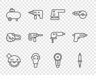 Set line Electric circular saw, Soldering iron, sander, Angle grinder, Air compressor, drill machine, and cordless screwdriver icon. Vector