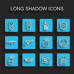 Set line Hand grenade, Star American military, Military reward medal, Peace, Chevron, Pistol or gun, and icon. Vector