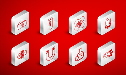 Set line Magnet with money, Test tube or flask, Crossed bandage plaster, Bioengineering, Health record folder, and Gene editing icon. Vector