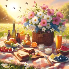Idyllic Summer Picnic with Fresh Fruit, Flowers, and a Wicker Basket