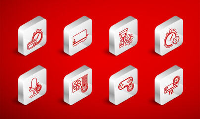Set line Air conditioner setting, Toaster, Hourglass, Time management, Gamepad, Fast payments, and Microphone icon. Vector