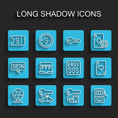 Set line Lottery machine, Car gift, ticket, Winning house with key, Slot, Laptop and slot, Playing card heart and Money prize casino icon. Vector